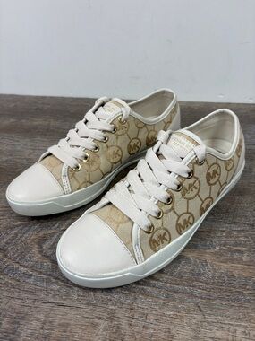 Michael Kors MK Logo Canvas Lace-Up Sneakers Tan Cream Size 6.5